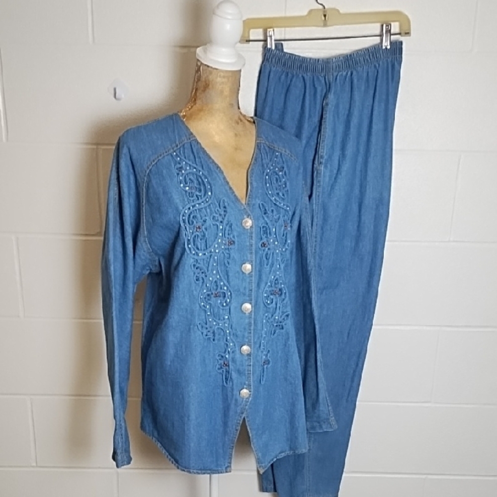 2 Piece Denim Tunic Jacket Embellished Shirt & Elastic Waist Pocketed Jeans 14